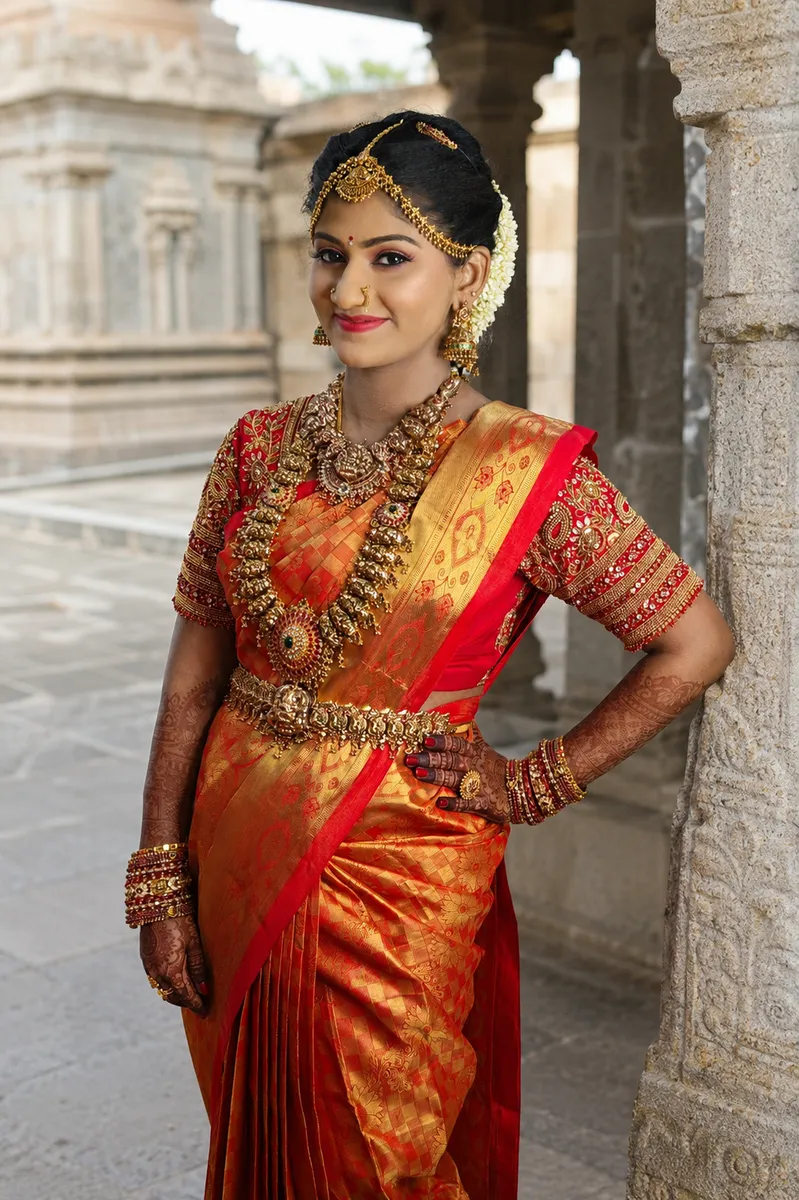 Bride in a red silk saree posing with traditional jewellery and hairstyling