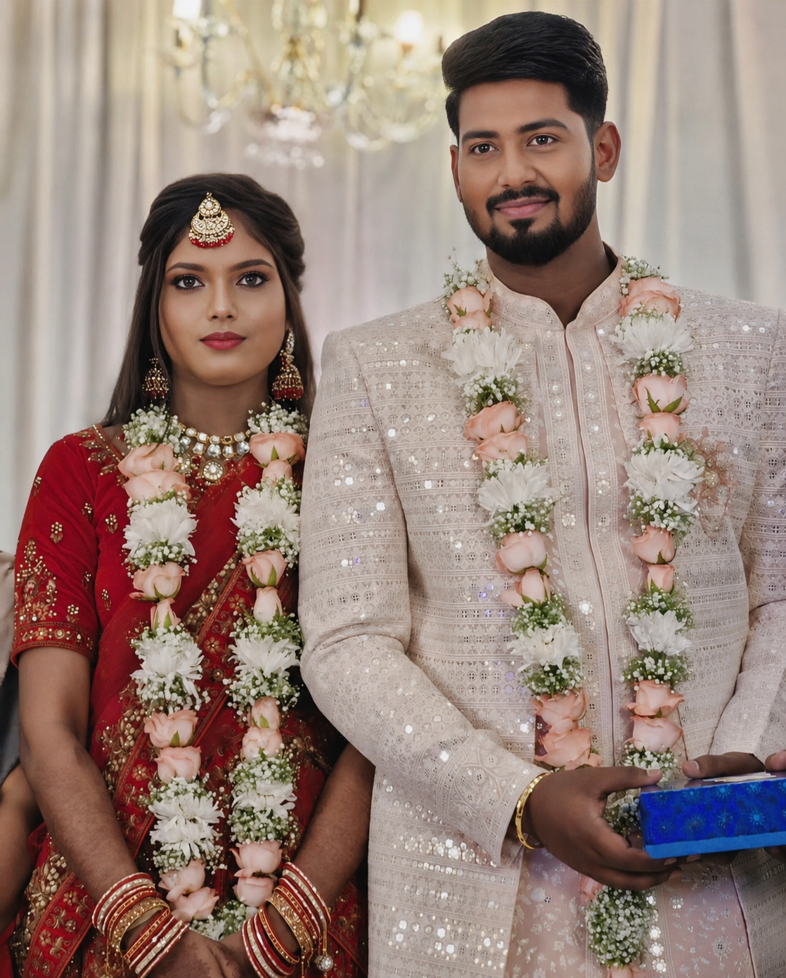 Bride and groom in wedding attire with floral garlands