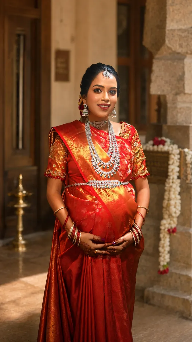 Bride in a red silk saree with gold jewellery and bridal makeup