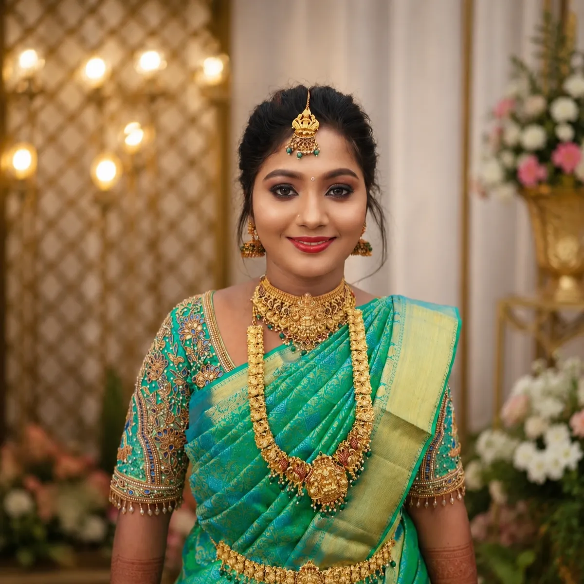 Bride in a green silk saree with traditional makeup and gold jewellery