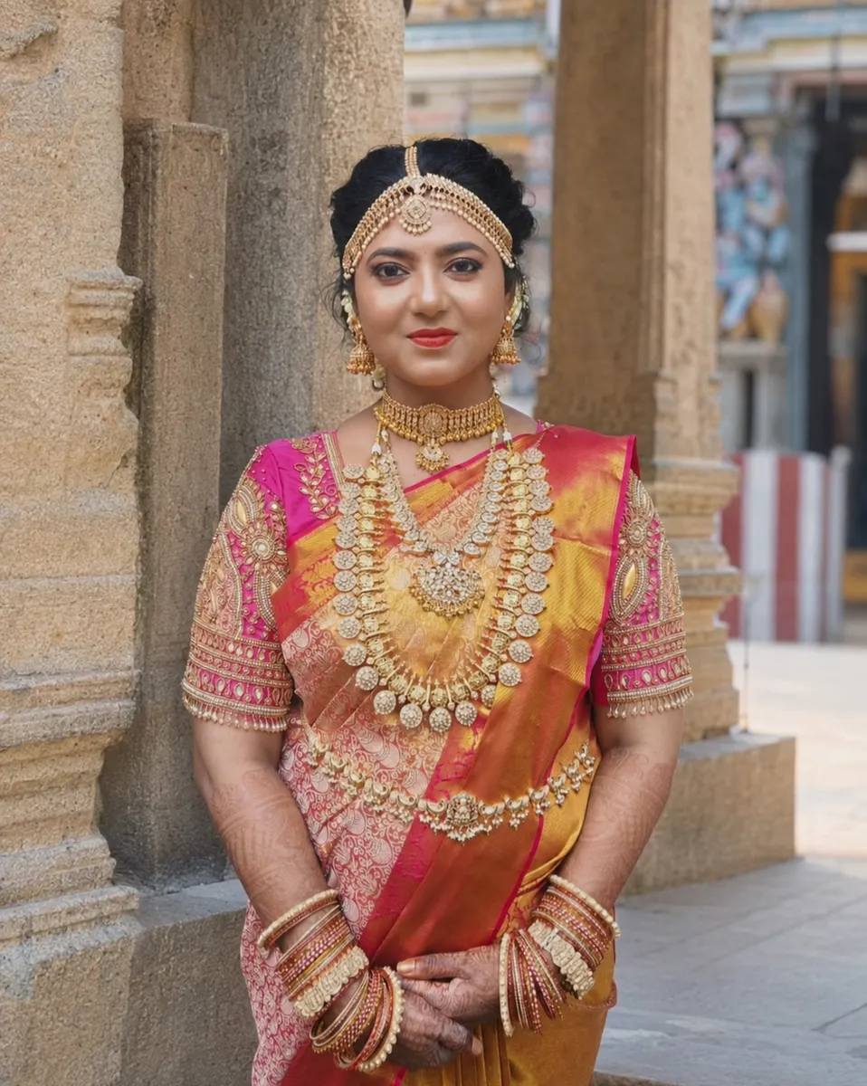 Bride in a pink silk saree with traditional wedding makeup and gold jewellery