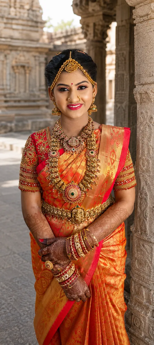 South Indian bride in an orange silk saree with bridal makeup and temple jewellery