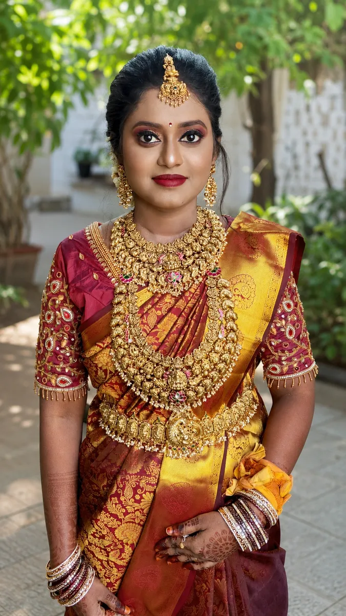 Bride in a red and gold silk saree with traditional bridal makeup